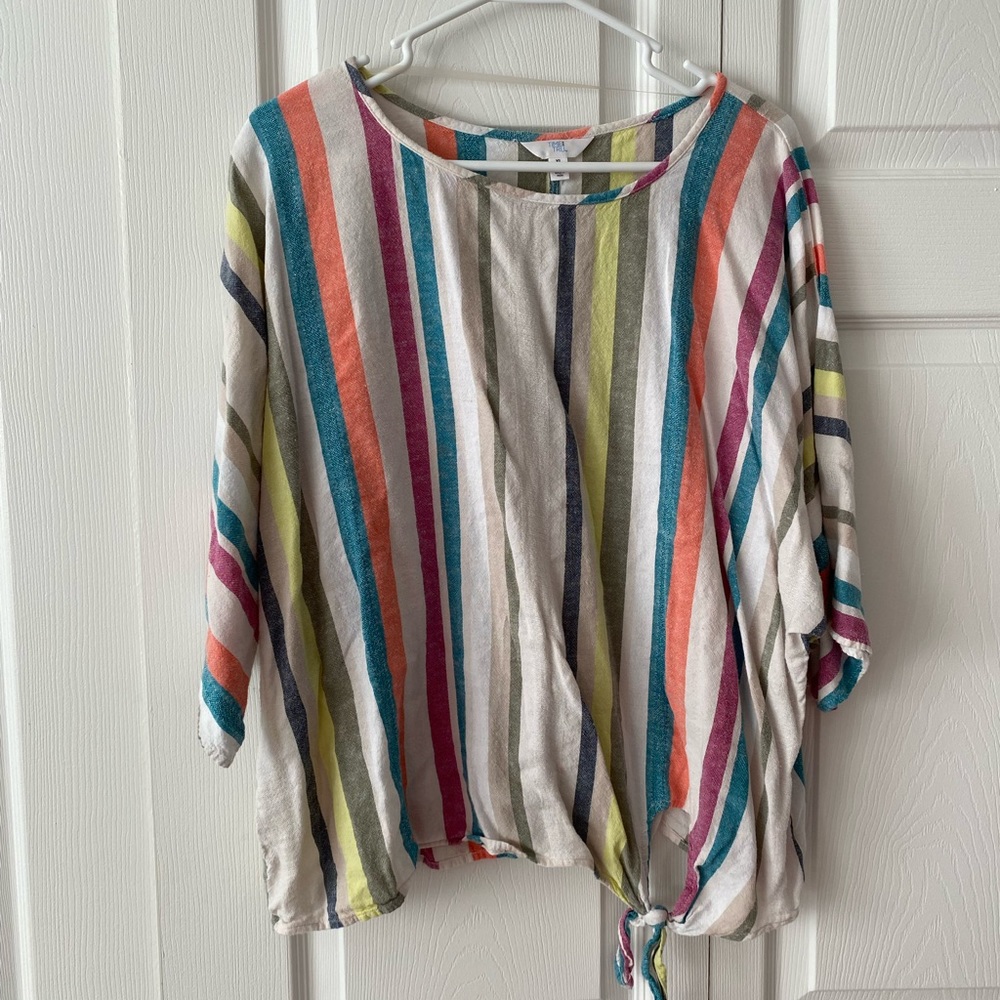 Bright,multi-colored striped blouse w/ tie in the bottom left corner, XL (16-18)